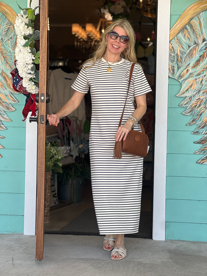 Navy Stripe Knit Midi Dress