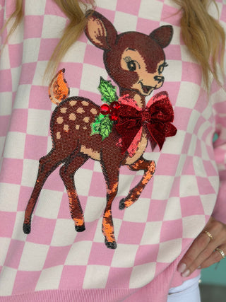 Queen of Sparkles Pink Checkered Reindeer Sweater