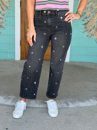 Risen Black Barrel Star Embroidered Jeans