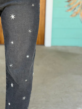 Risen Black Barrel Star Embroidered Jeans