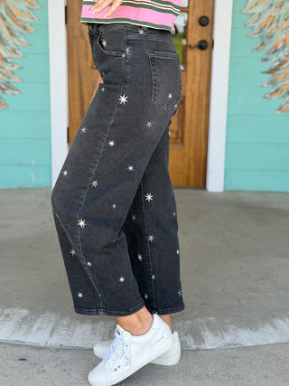 Risen Black Barrel Star Embroidered Jeans