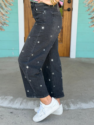 Risen Black Barrel Star Embroidered Jeans