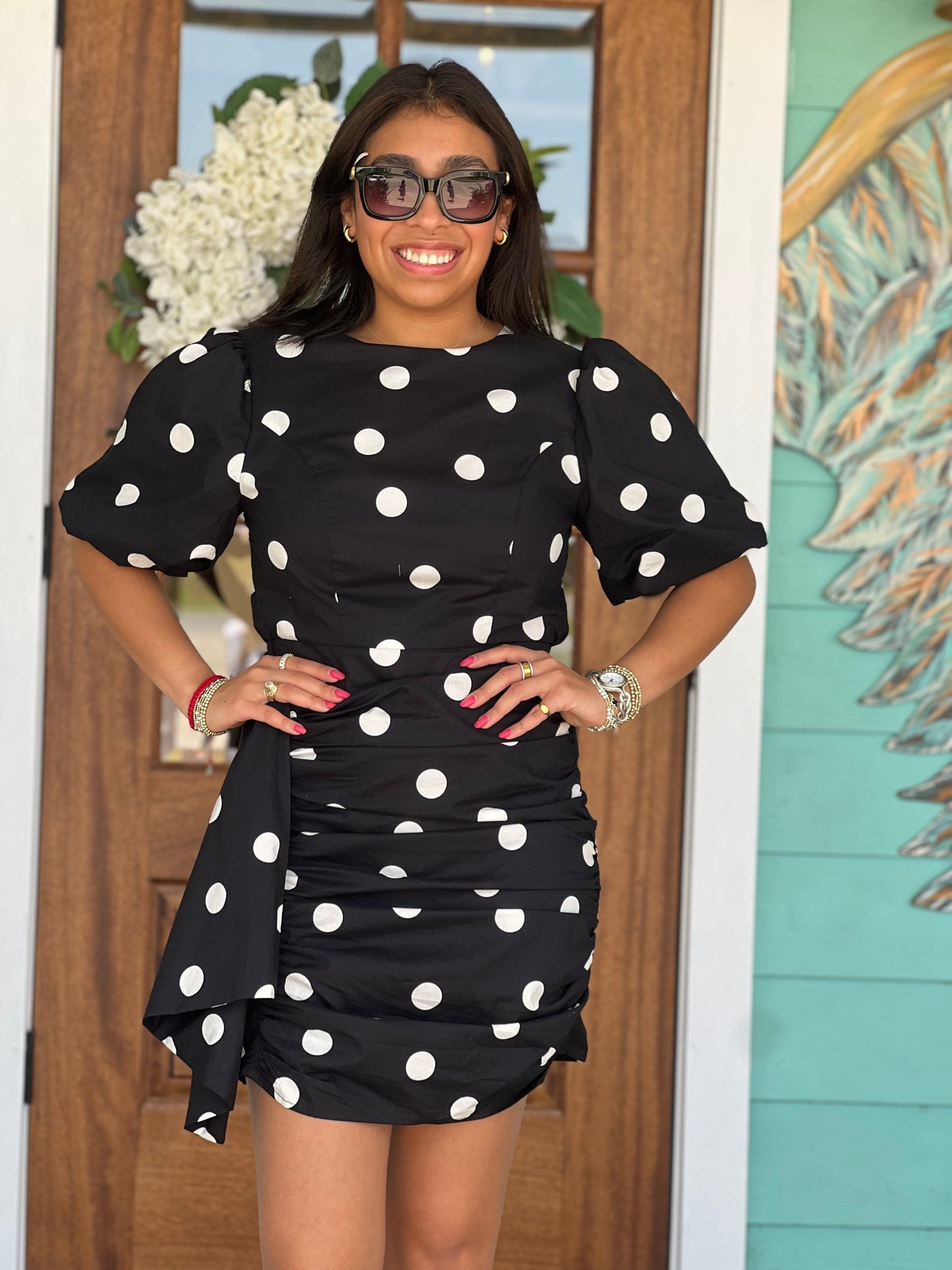 Black Polka Dot Ruched Mini Dress