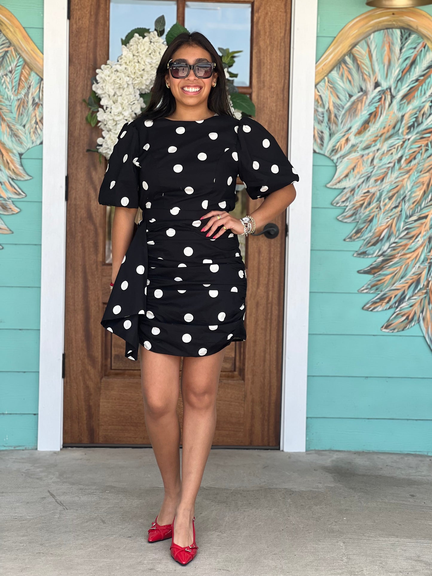Black Polka Dot Ruched Mini Dress