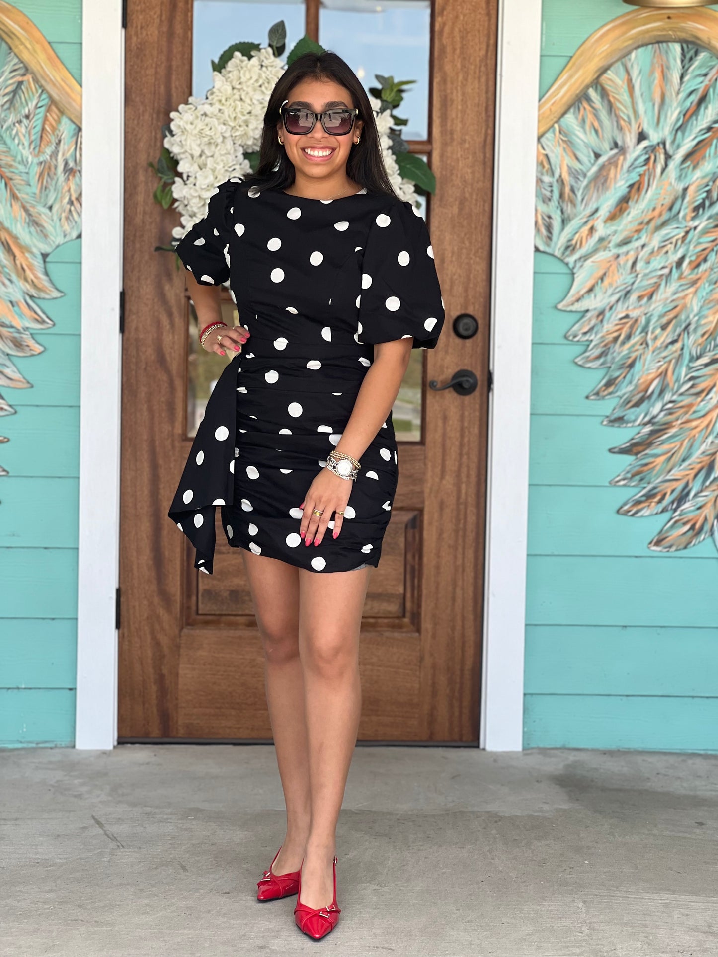 Black Polka Dot Ruched Mini Dress