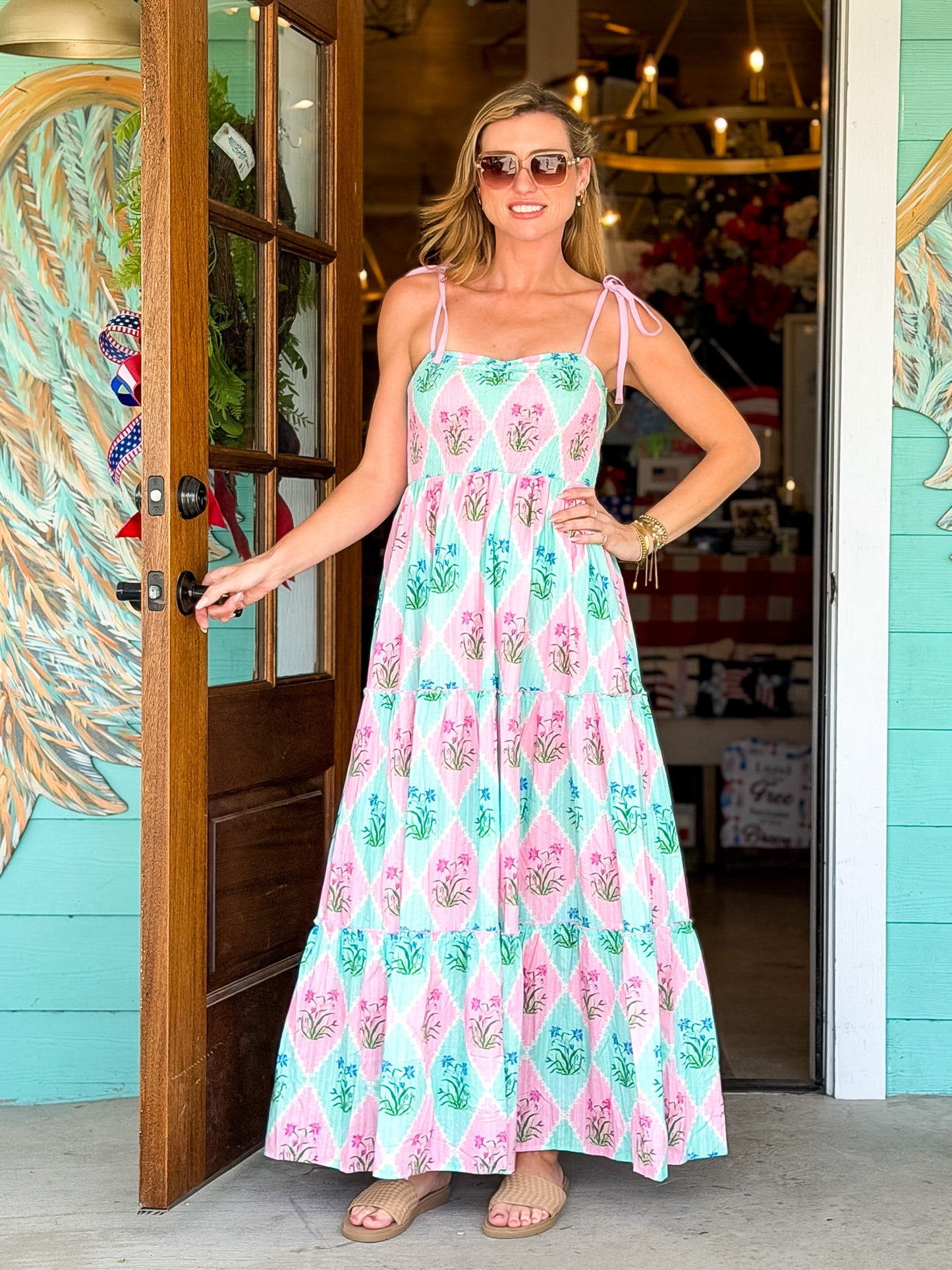 Pink & Mint Floral Print Maxi Dress