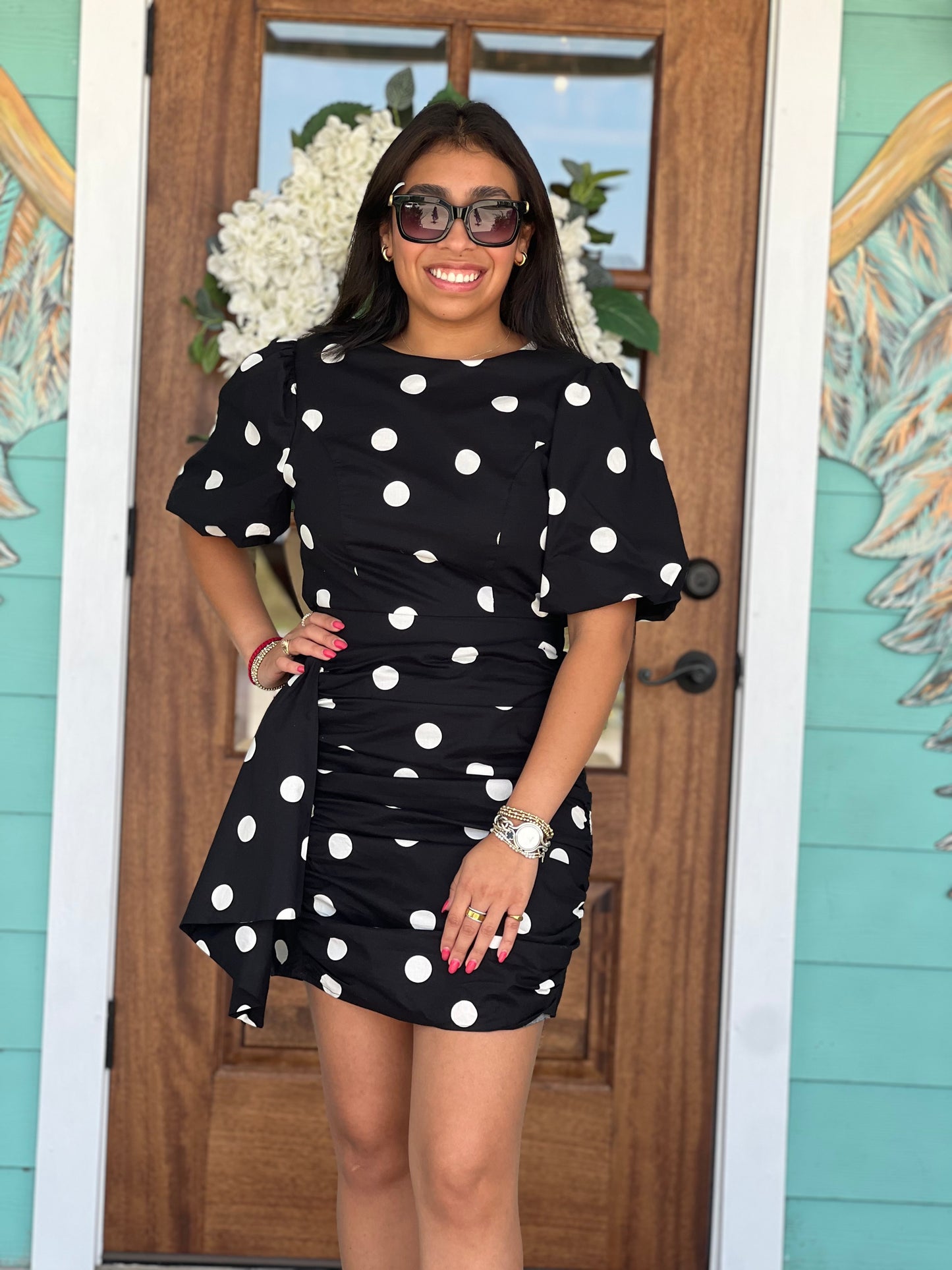 Black Polka Dot Ruched Mini Dress