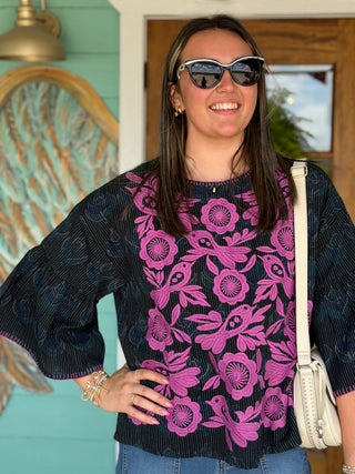 Sister Mary Enya Navy Embroidered Top