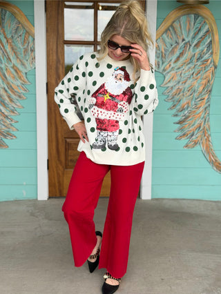 Queen of Sparkles Green Polka Dot Santa Sweater