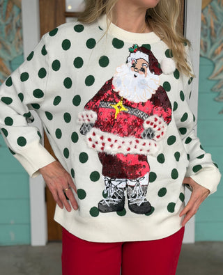 Queen of Sparkles Green Polka Dot Santa Sweater