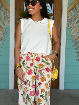 Floral Print Washed Denim Pants