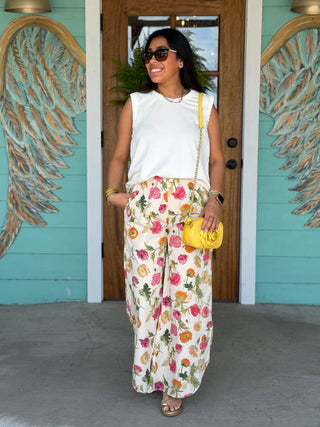 Floral Print Washed Denim Pants