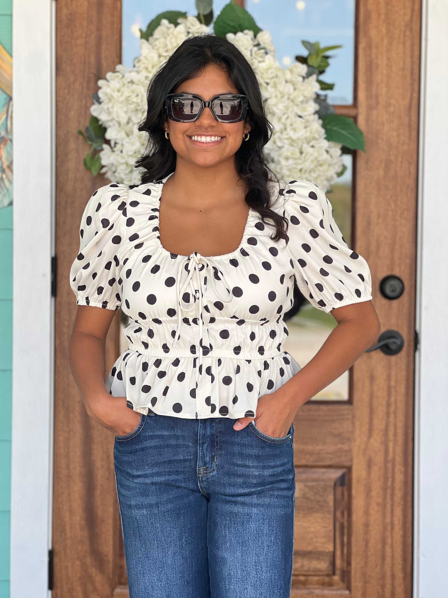 White & Black Polka Dot Peplum Top