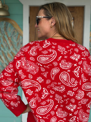 Queen of Sparkles Red Paisley Cowboy Santa Sweater