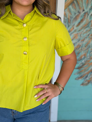 Chartreuse Gold Button Detail Top