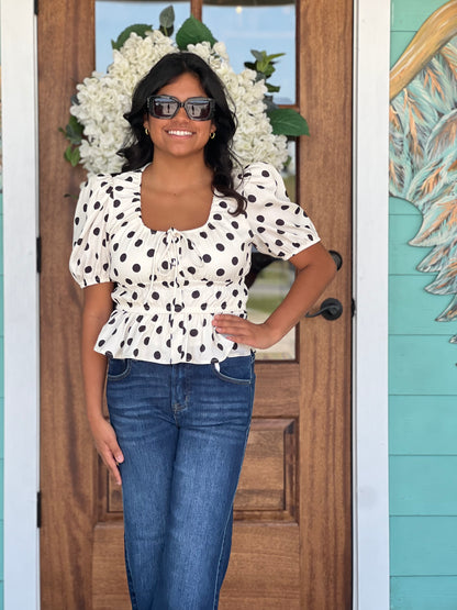 White & Black Polka Dot Peplum Top