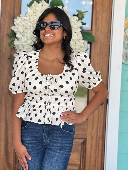 White & Black Polka Dot Peplum Top