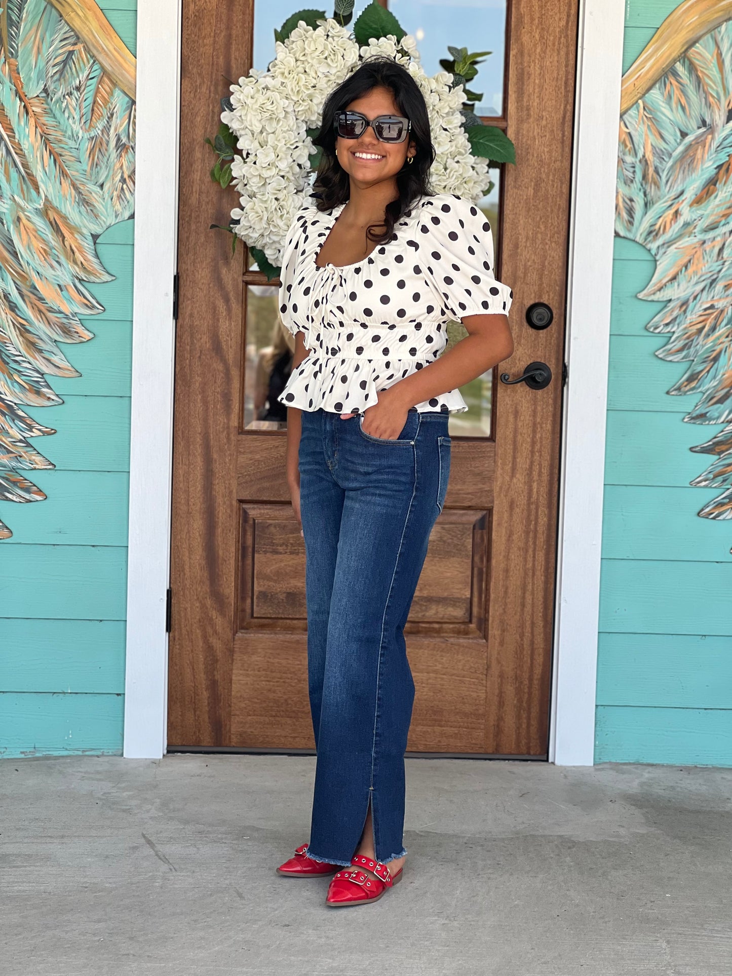 White & Black Polka Dot Peplum Top