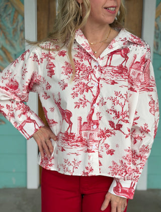 Queen of Sparkles Red Christmas Toile Blouse