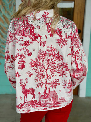 Queen of Sparkles Red Christmas Toile Blouse
