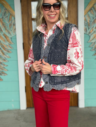 Ivy Jane Indigo Embroidered Scalloped Vest