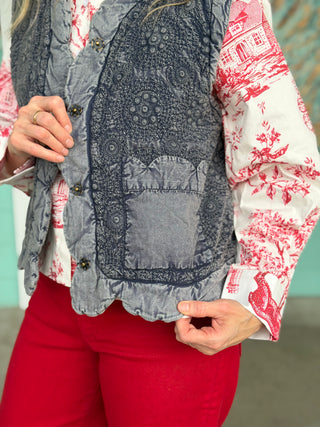 Ivy Jane Indigo Embroidered Scalloped Vest