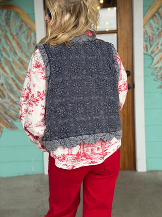 Ivy Jane Indigo Embroidered Scalloped Vest