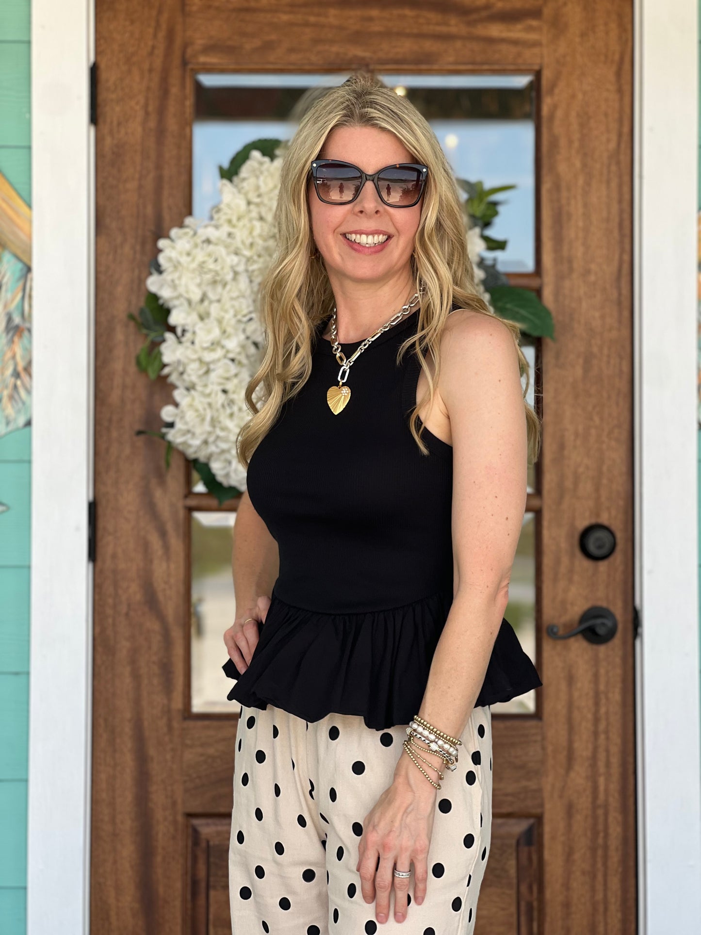 Black Knit & Poplin Peplum Top