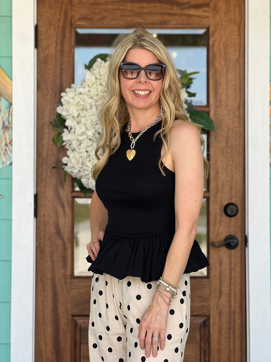 Black Knit & Poplin Peplum Top