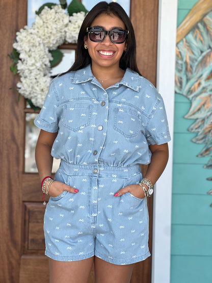 Light Denim Bow Print Romper