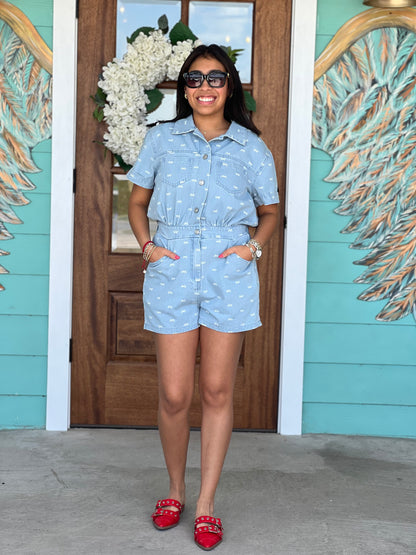 Light Denim Bow Print Romper