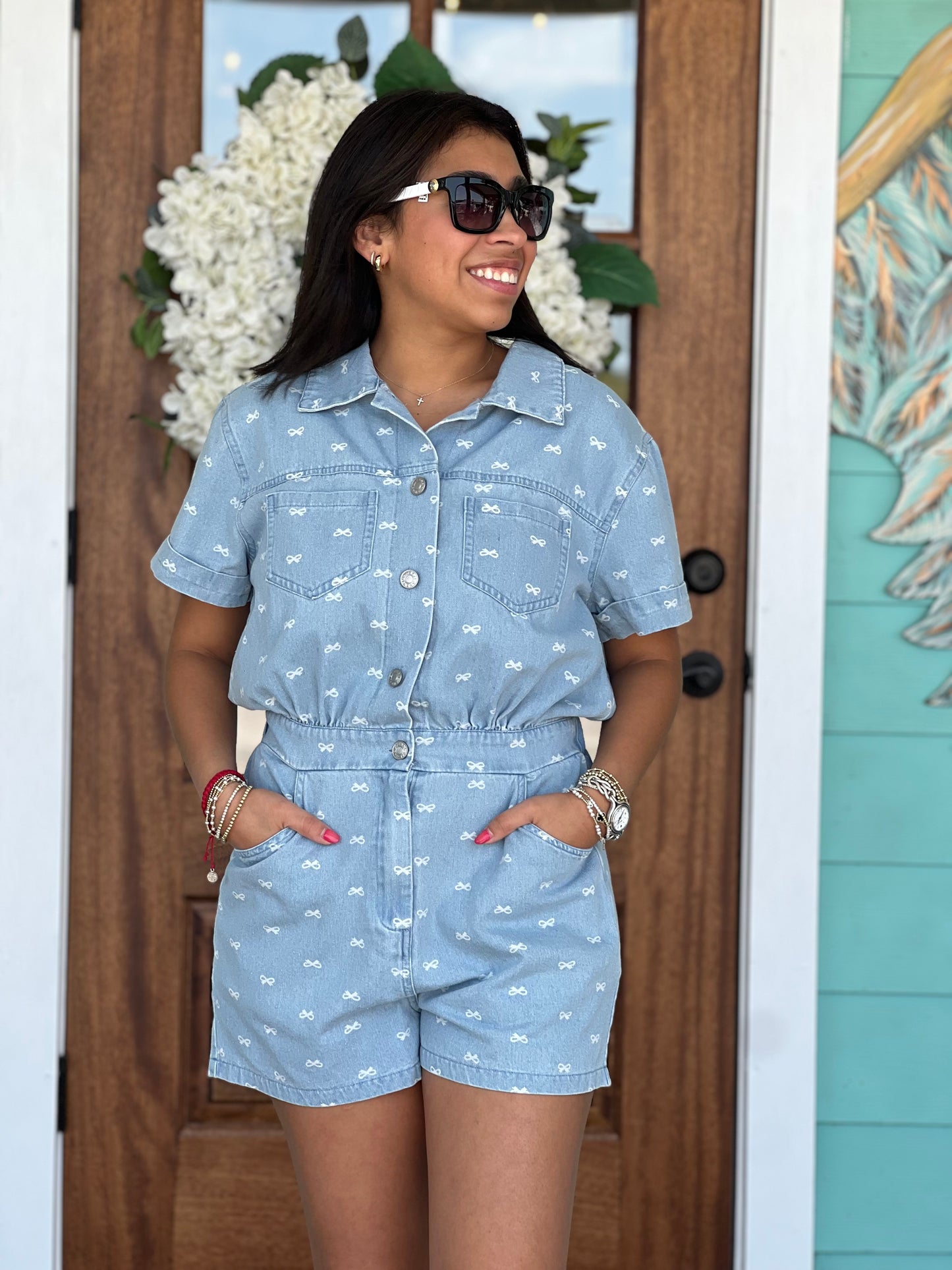 Light Denim Bow Print Romper