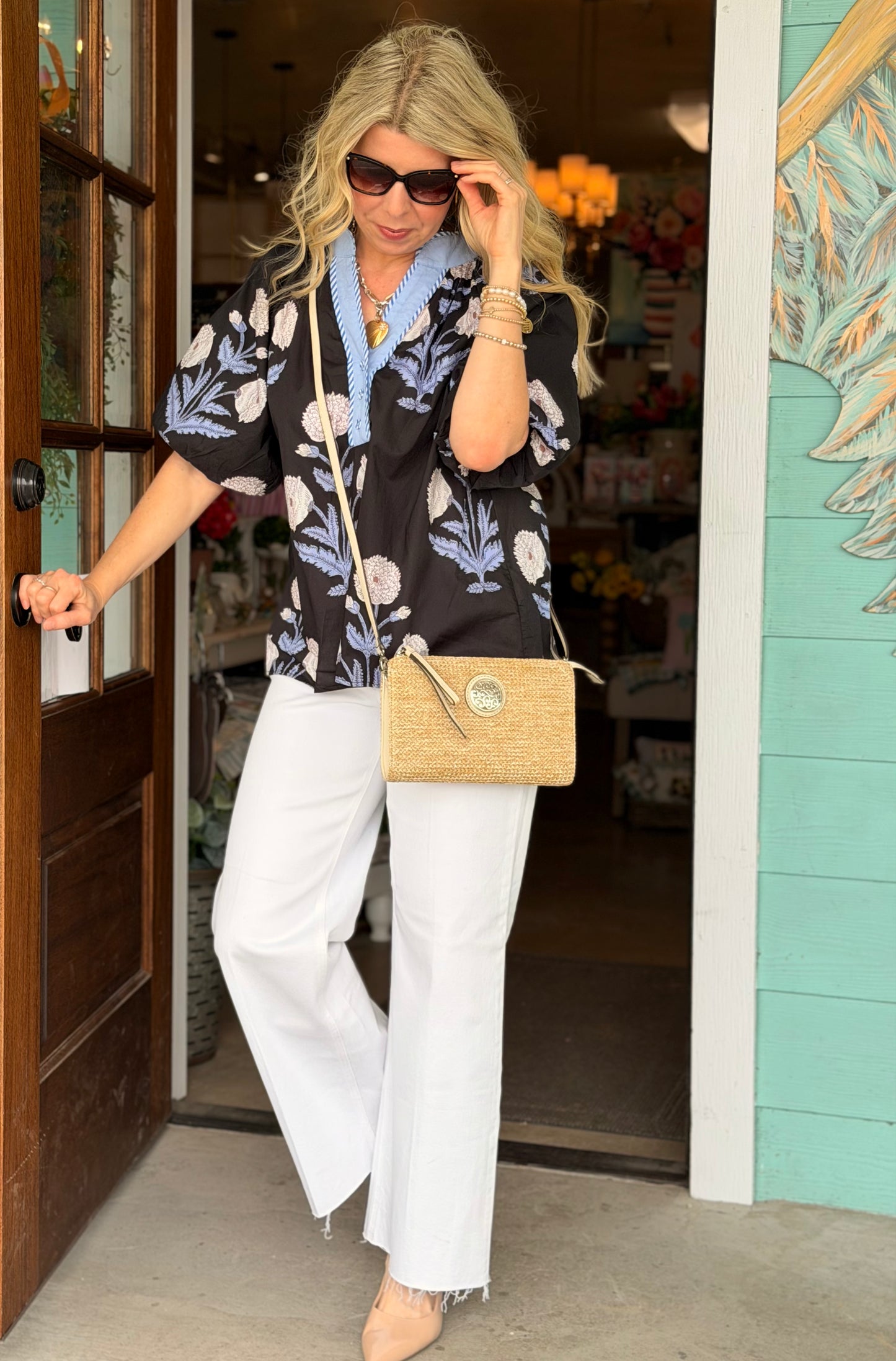 Black & Light Blue Floral Print Tegan Top