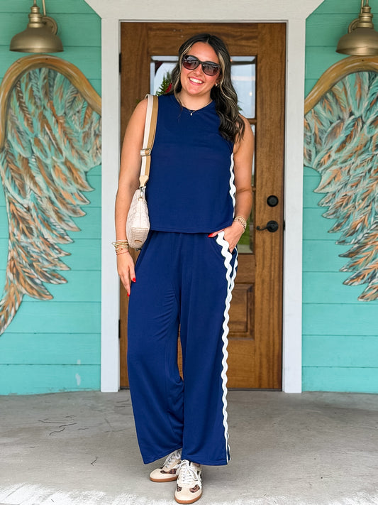 Navy Ric Rac Trim Top & Pant Set