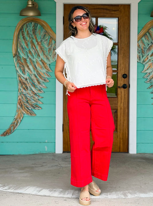 White Embroidered Side Tie Top
