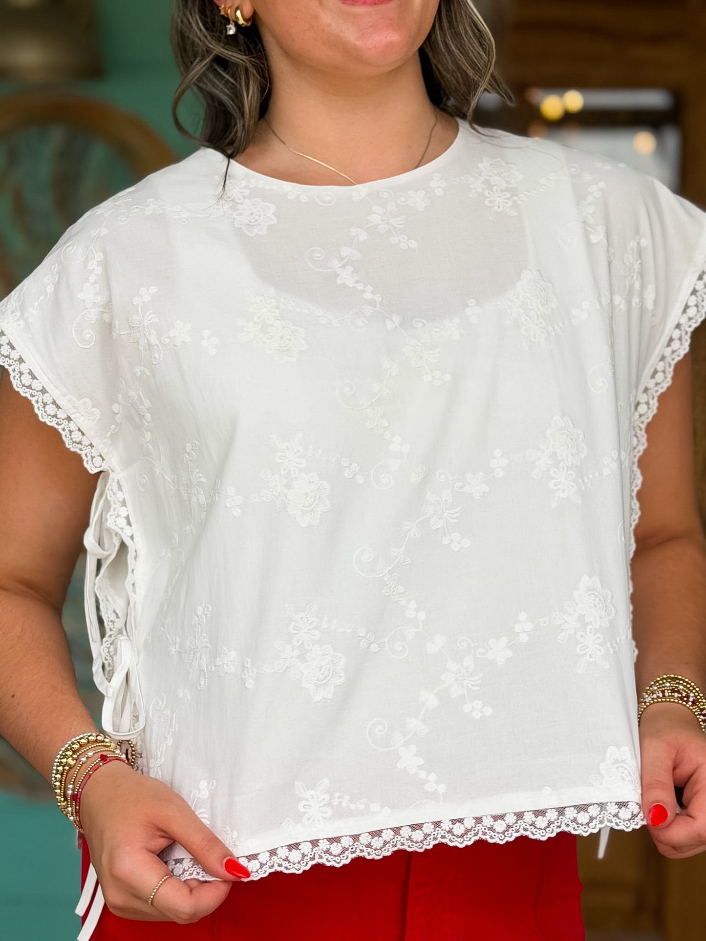 White Embroidered Side Tie Top