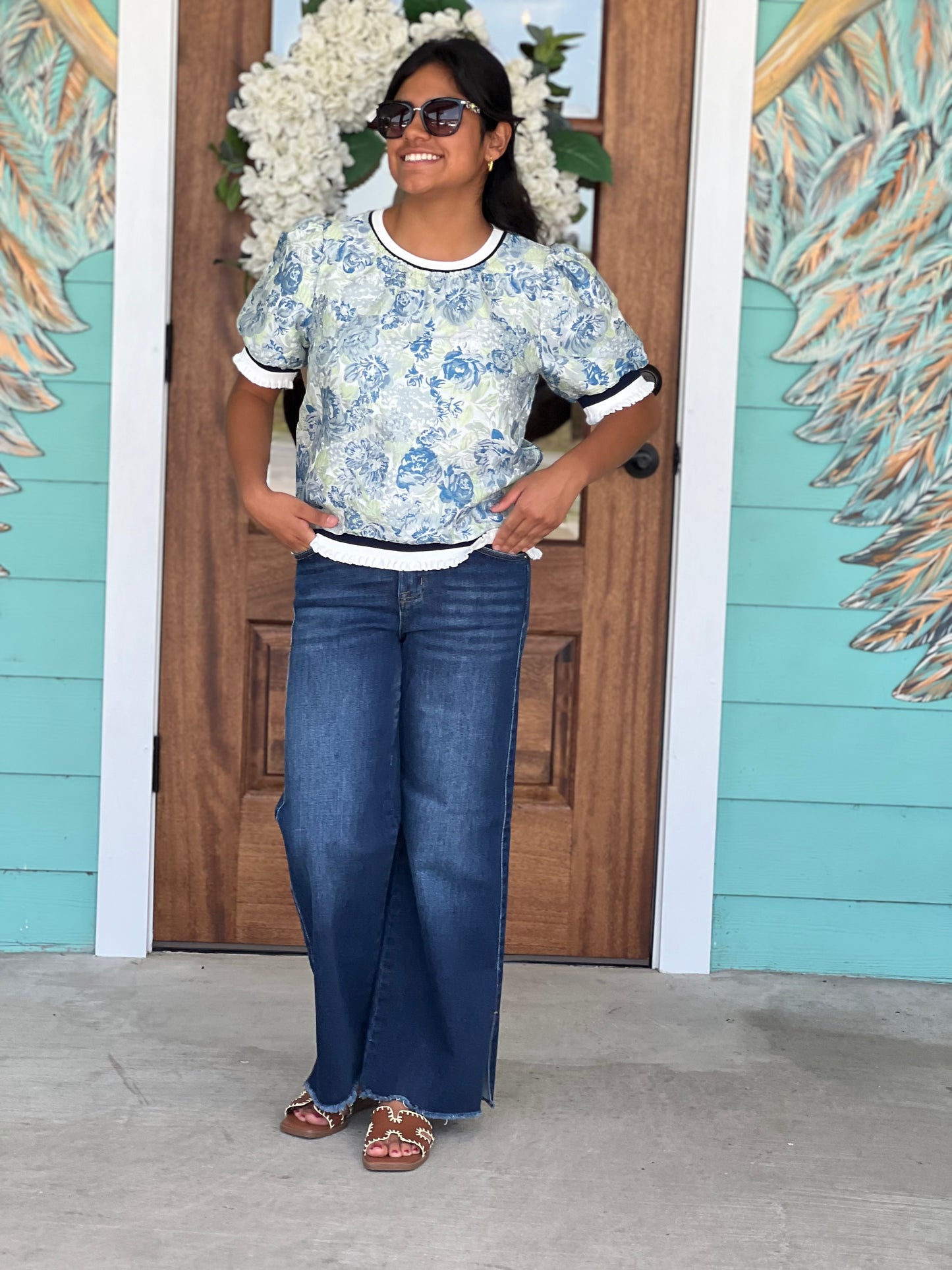 Blue Floral Jacquard Trim Detail Top