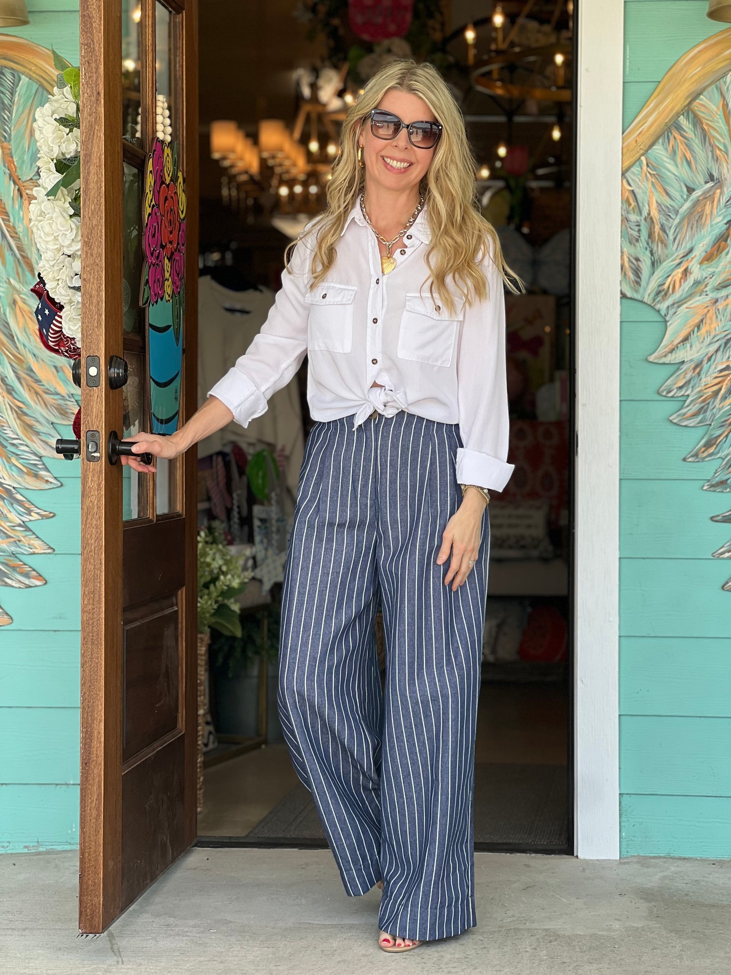 Indigo Striped High Waist Wide Leg Pants