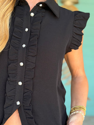 Black Ruffle Detail Flutter Top