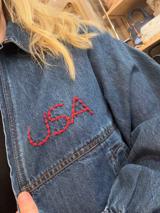 Denim Flag Embroidered Bomber Jacket