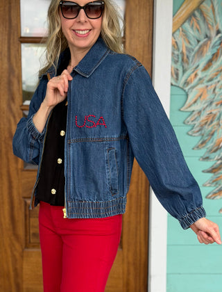 Denim Flag Embroidered Bomber Jacket