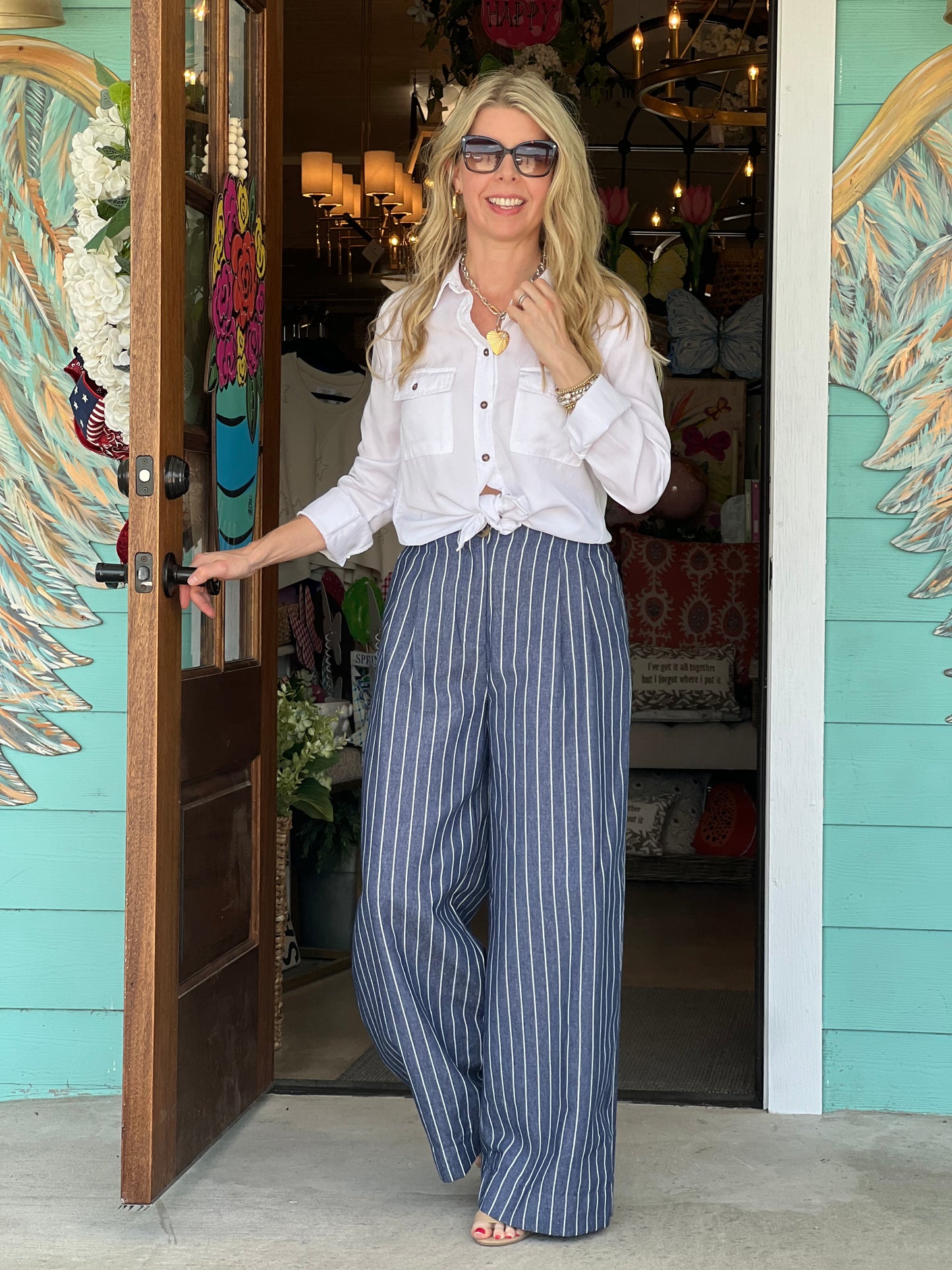 Indigo Striped High Waist Wide Leg Pants