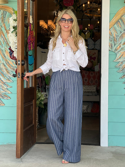 Indigo Striped High Waist Wide Leg Pants