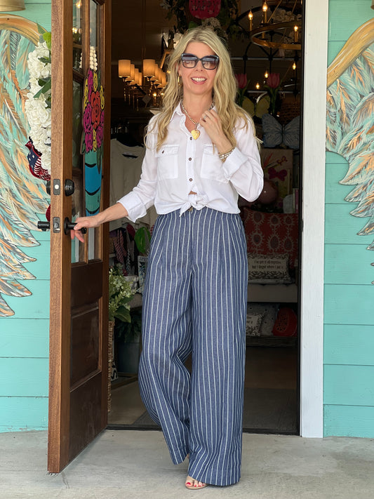 Indigo Striped High Waist Wide Leg Pants