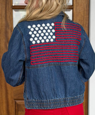 Denim Flag Embroidered Bomber Jacket