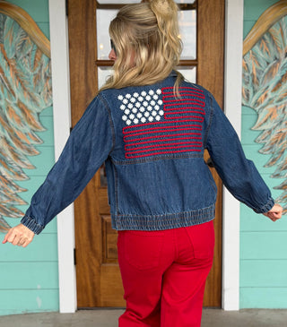 Denim Flag Embroidered Bomber Jacket