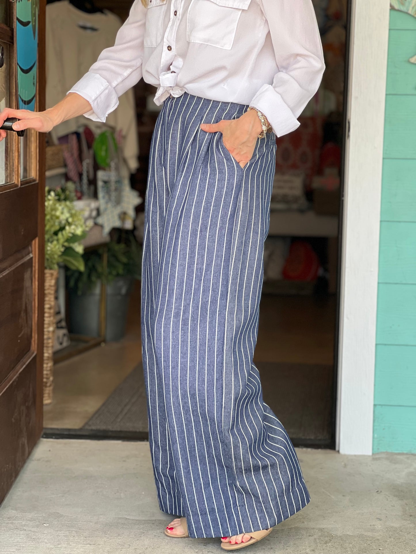 Indigo Striped High Waist Wide Leg Pants