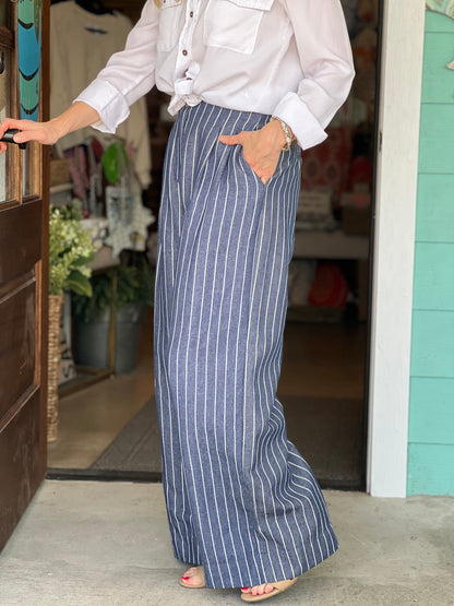 Indigo Striped High Waist Wide Leg Pants