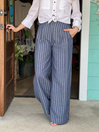 Indigo Striped High Waist Wide Leg Pants