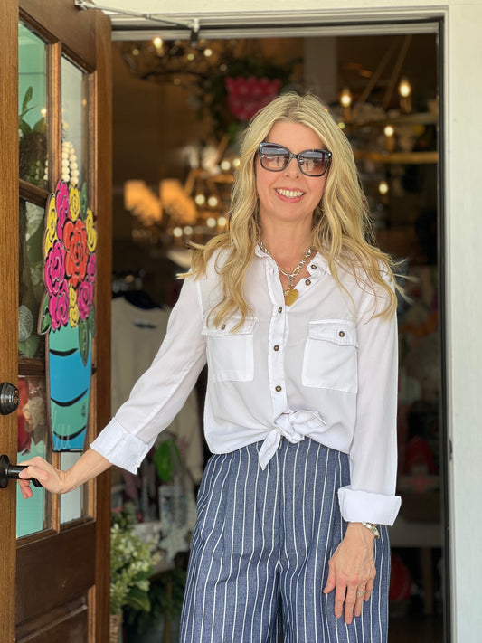 White Chambray Button Down Top